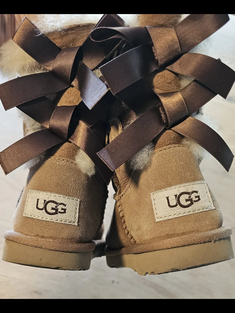 UGG Chestnut Sheepskin Boots with Satin Bows (Little Kid Size 11)